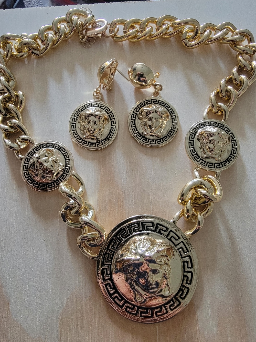 Gold-Tone Medallion Necklace and Earring Set - Statement Women’s Jewelry
